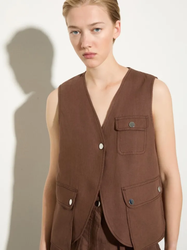 Pure linen gilet - coffee