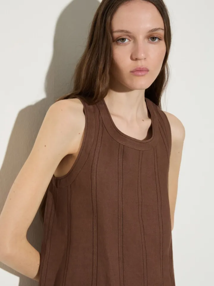 Pure linen mini dress - coffee