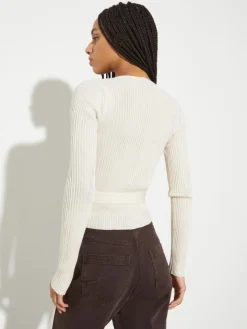 Rib-knit wrap cardigan - ecru