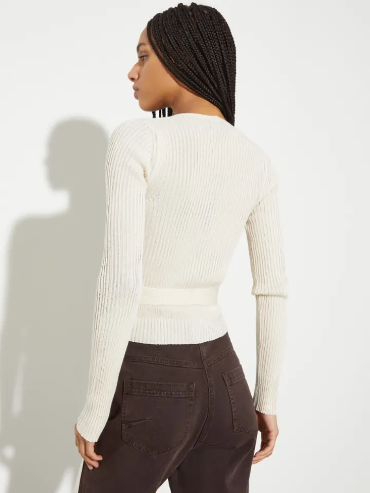 Rib-knit wrap cardigan - ecru