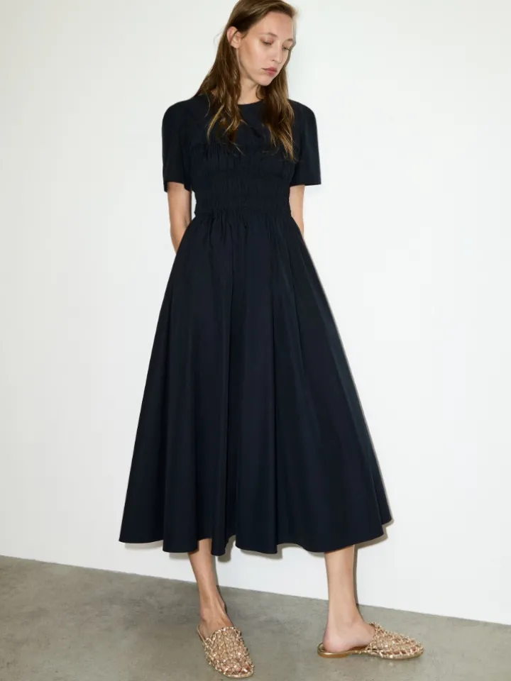 Ruched cotton-poplin midi dress - black