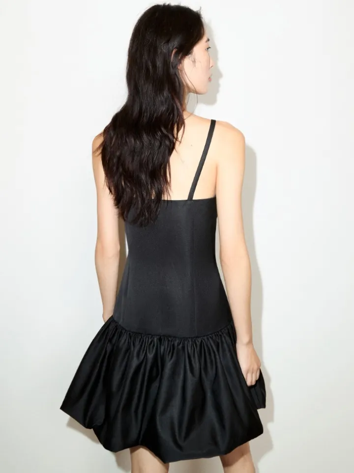 Satin balloon hem mini dress - black