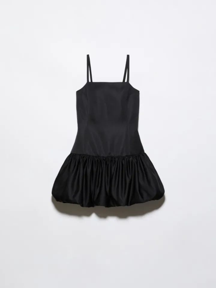 Satin balloon hem mini dress - black
