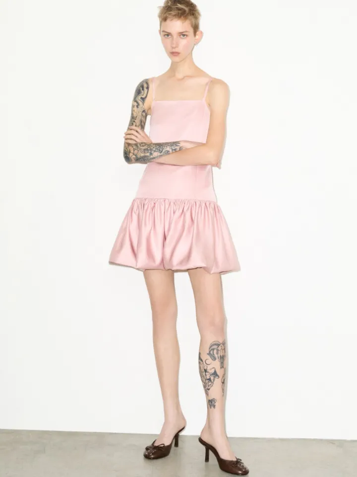 Satin balloon hem mini dress - pink