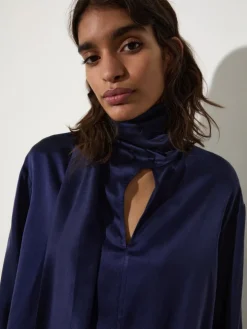 Scarf-detailed silk-satin blouse - navy
