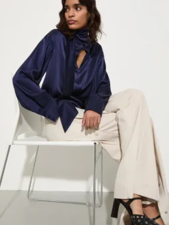 Scarf-detailed silk-satin blouse - navy