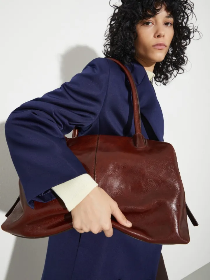 Shiny leather tote bag - brown
