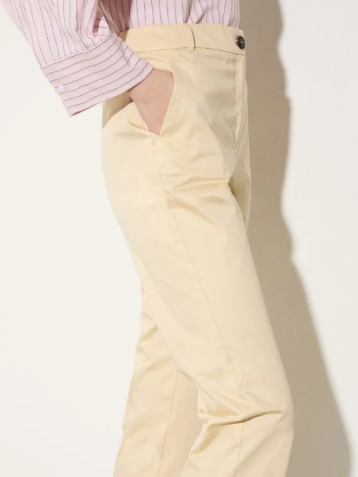Slim-fit cotton-satin trousers - beige