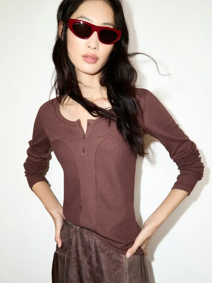 Slim-fit granddad top - chocolate