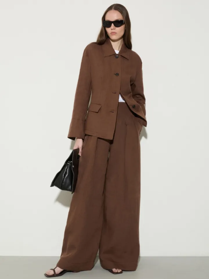 Slim pure linen blazer - coffee