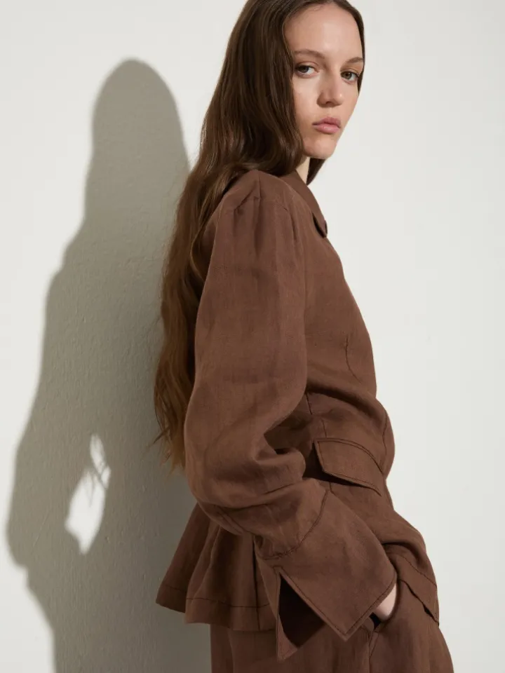 Slim pure linen blazer - coffee