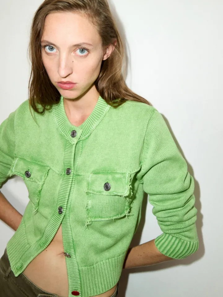 Stone-washed cotton cardigan - green