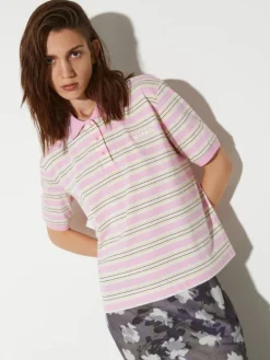 Striped cotton-jersey polo shirt - pink