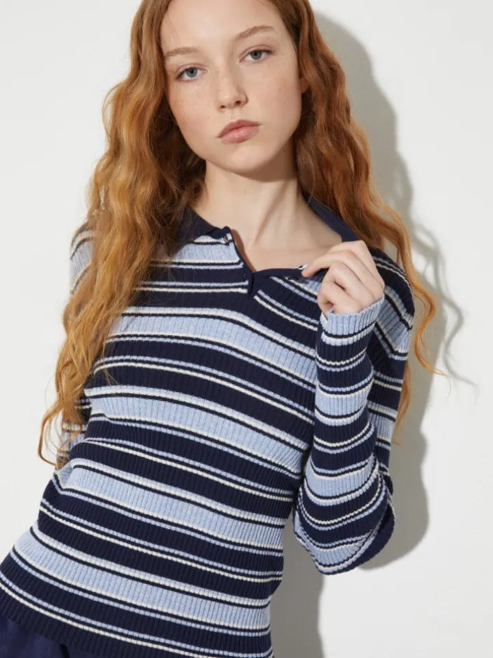 Striped polo-neck jumper - navy