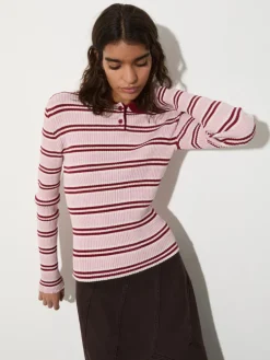 Striped polo-neck jumper - red