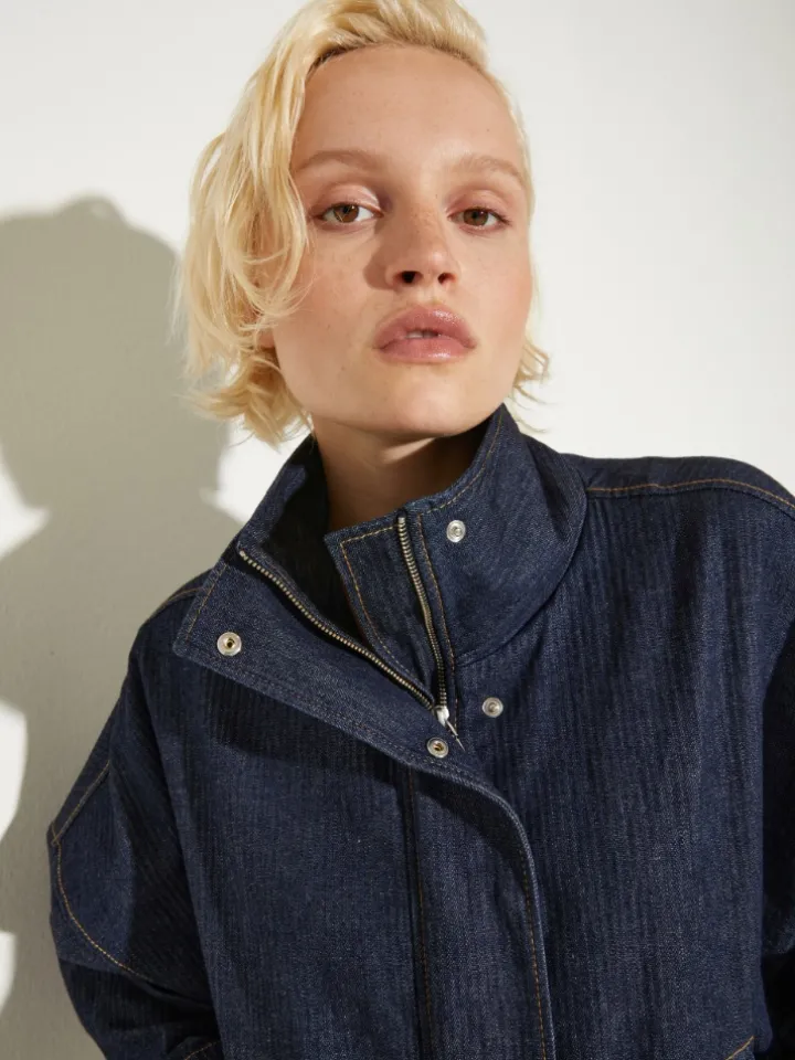 Textured denim bomber jacket - navy