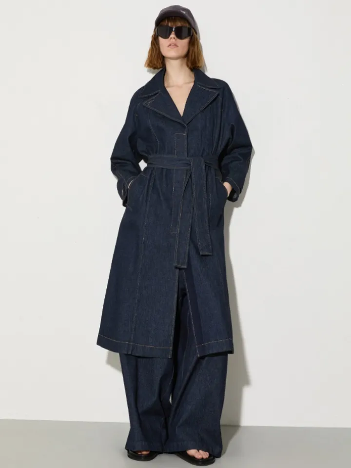 Textured denim trench coat - navy