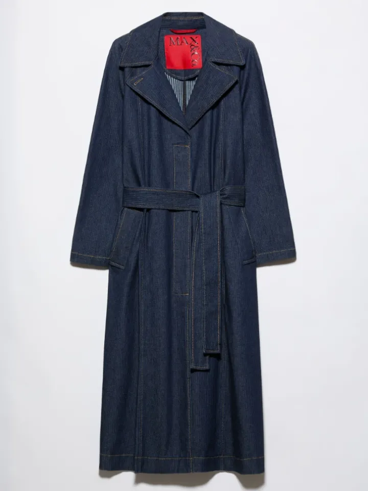Textured denim trench coat - navy