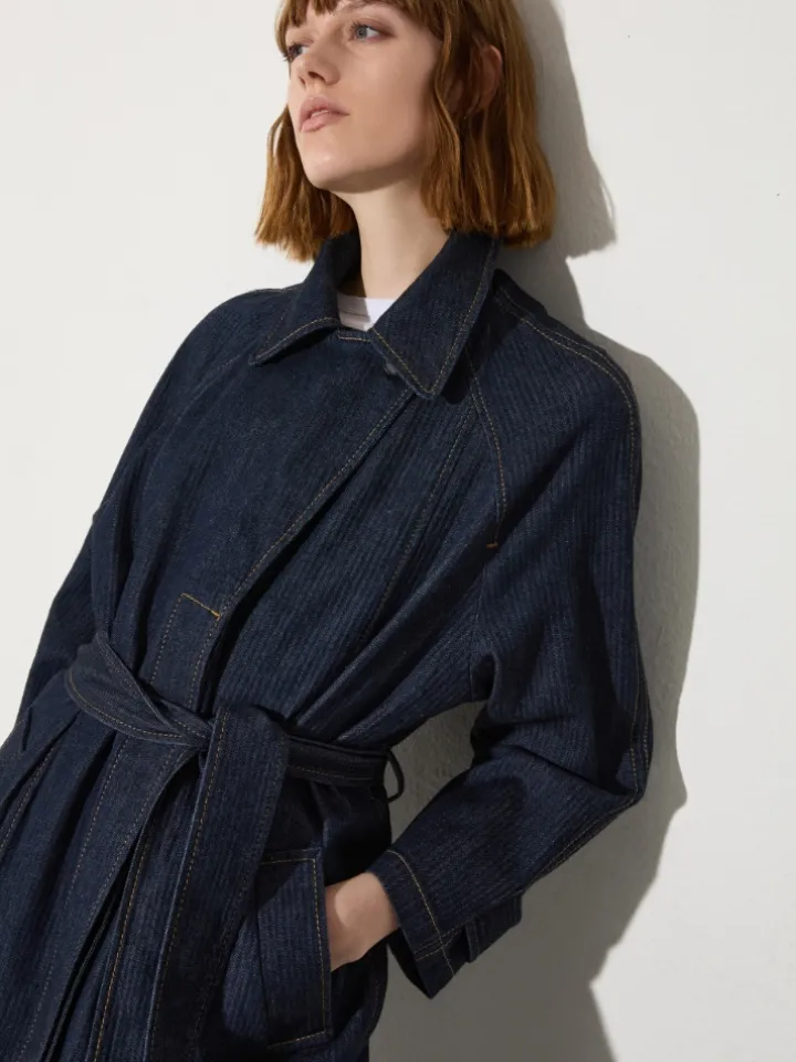 Textured denim trench coat - navy