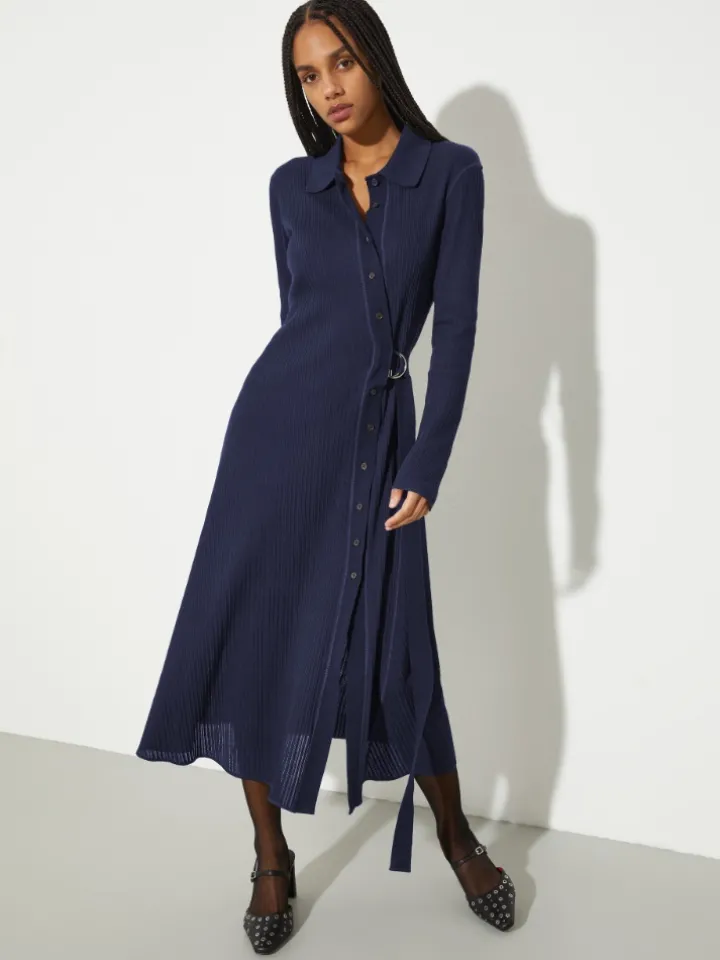 Textured jersey midi shirt dress - navy