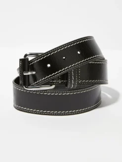 Topstitched leather belt - black