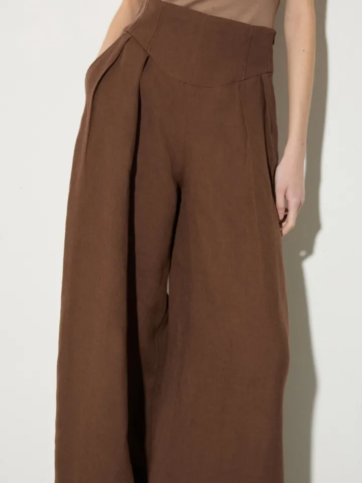 Wide-fit pure linen trousers - coffee