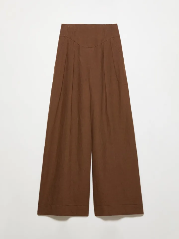 Wide-fit pure linen trousers - coffee
