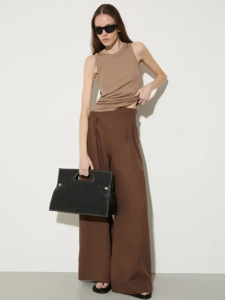 Wide-fit pure linen trousers - coffee