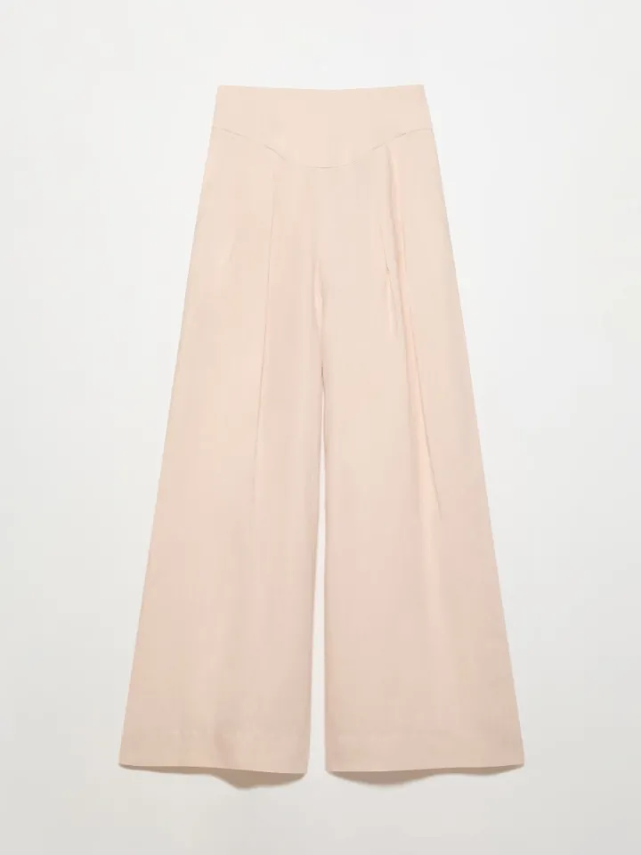 Wide-fit pure linen trousers - powder