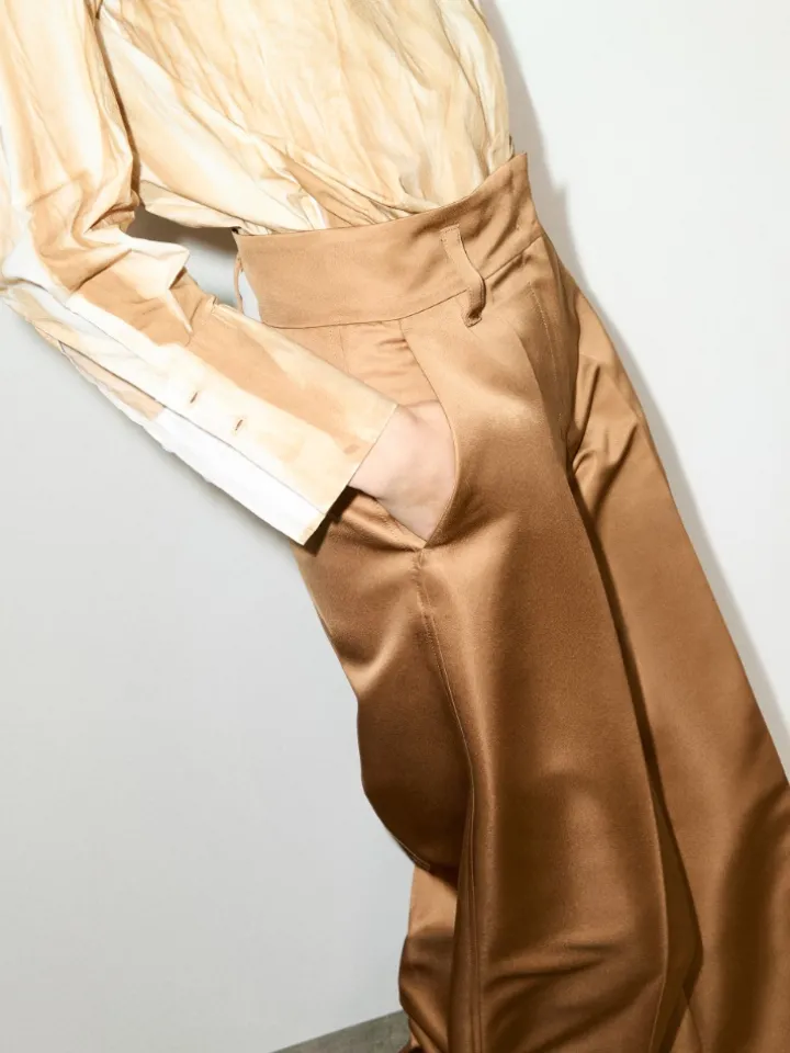 Wide-leg duchesse satin trousers - beige