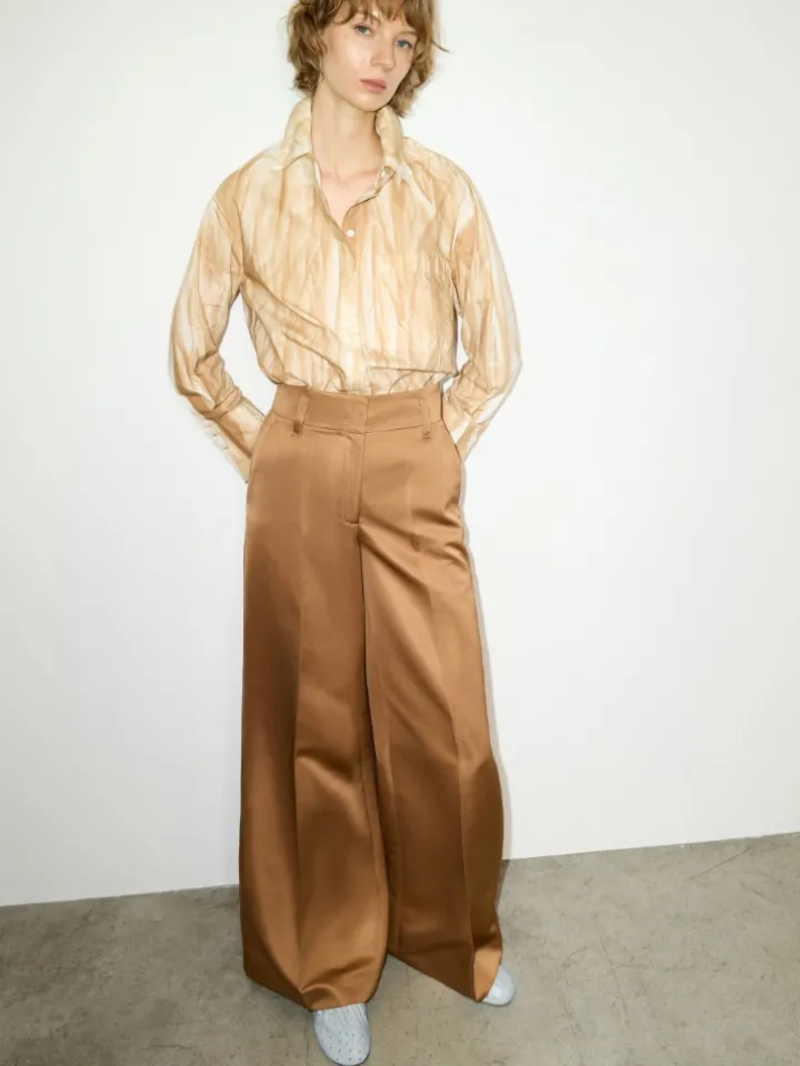 Wide-leg duchesse satin trousers - beige