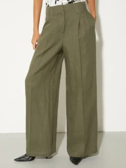 Wide-leg linen trousers - kaki