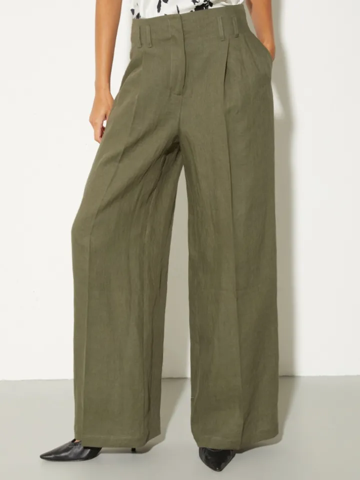 Wide-leg linen trousers - kaki