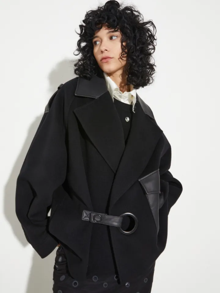 Wool and leather blouson jacket - black
