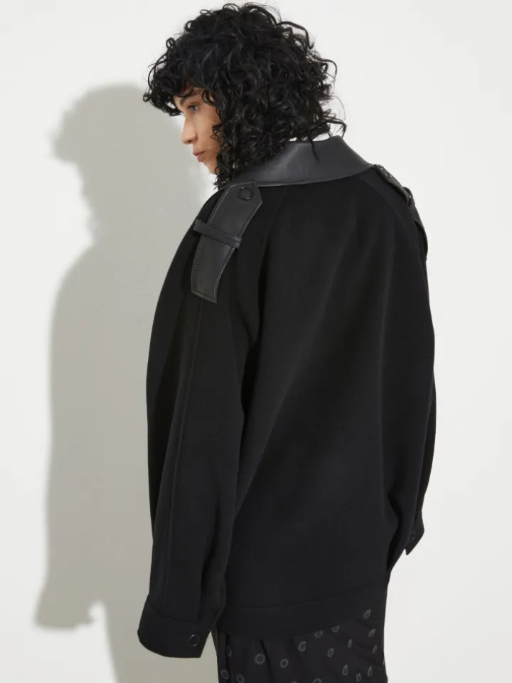 Wool and leather blouson jacket - black